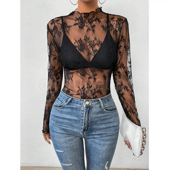 Black Lace Sheer Floral Long Sleeve Top Shirt - Picture 4 of 8
